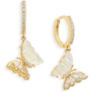 Dainty Butterfly Hoop Earrings | 18K Gold Plated Huggies | Rainbow Opal